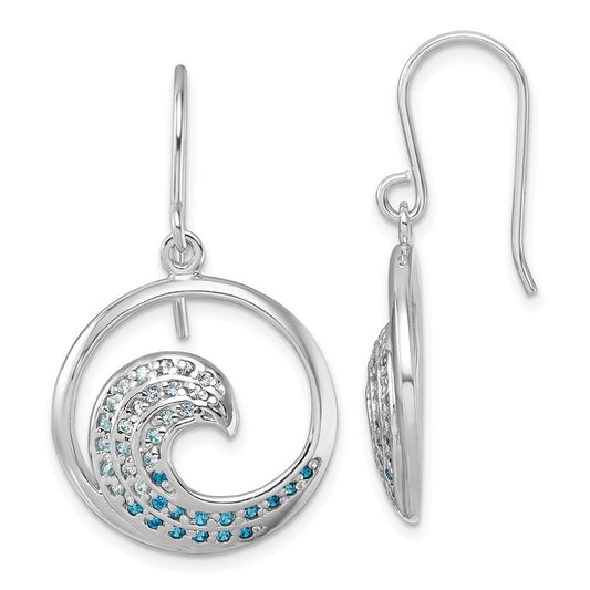 PLE-689 Sterling Silver Rhodium-Plated Polished CZ Wave Dangle Earrings