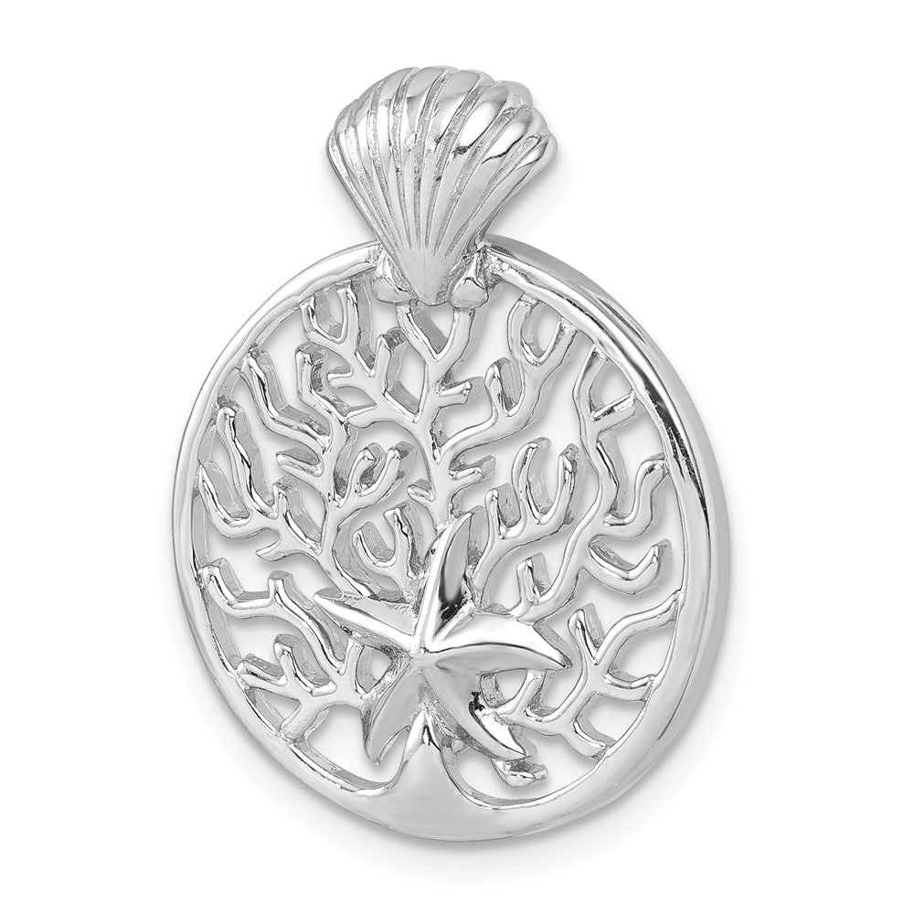 Sterling Silver Rhodium-plated Polished Starfish and Scallop Shell Reef Pendant PLP-026