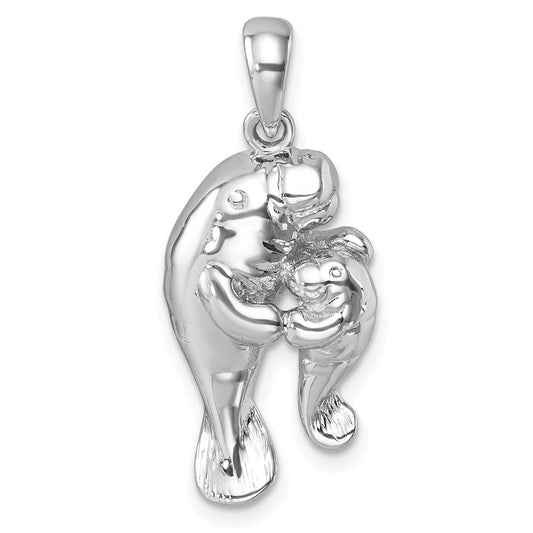 Sterling Silver Rhodium-plated Polished Manatee and Baby Pendant PLP-028