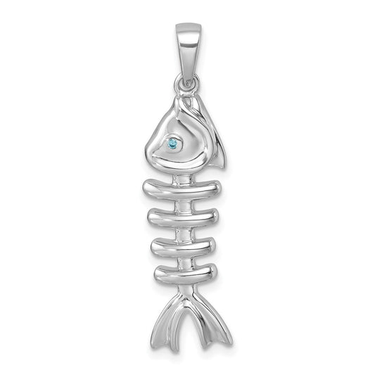 Sterling Silver Rhodium-plated Polished Blue CZ Eye Bonefish Pendant PLP-053