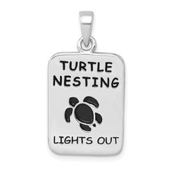 Sterling Silver Rhodium-Plated Antiqued Turtle Nesting Lights Out Sign Pendant PLP-102