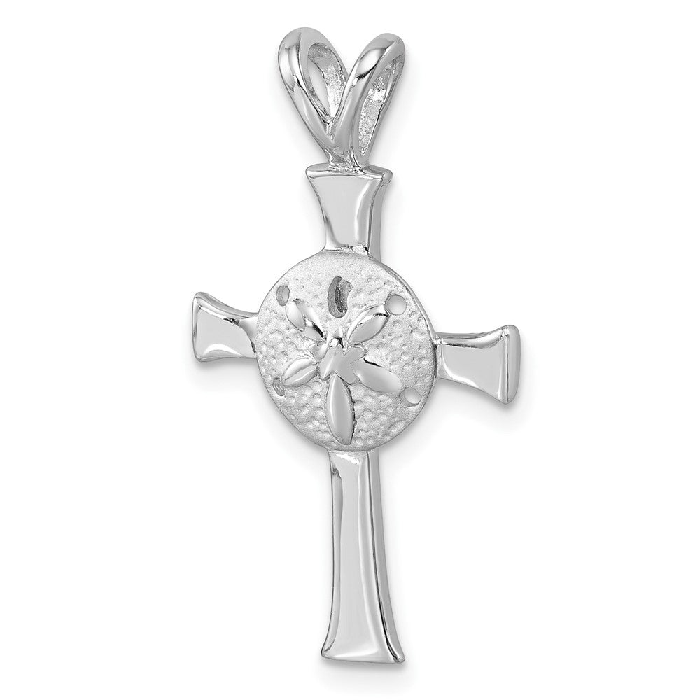 Sterling Silver Rhodium-Plated Polished and Brushed Sand Dollar Cross Pendant PLP-104