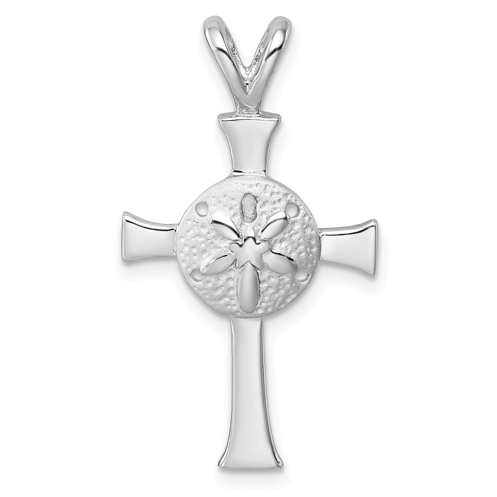 Sterling Silver Rhodium-Plated Polished and Brushed Sand Dollar Cross Pendant PLP-104