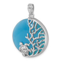 Sterling Silver Rhodium-Plated Polished Blue Agate Turtle and Reef Round Pendant PLP-316