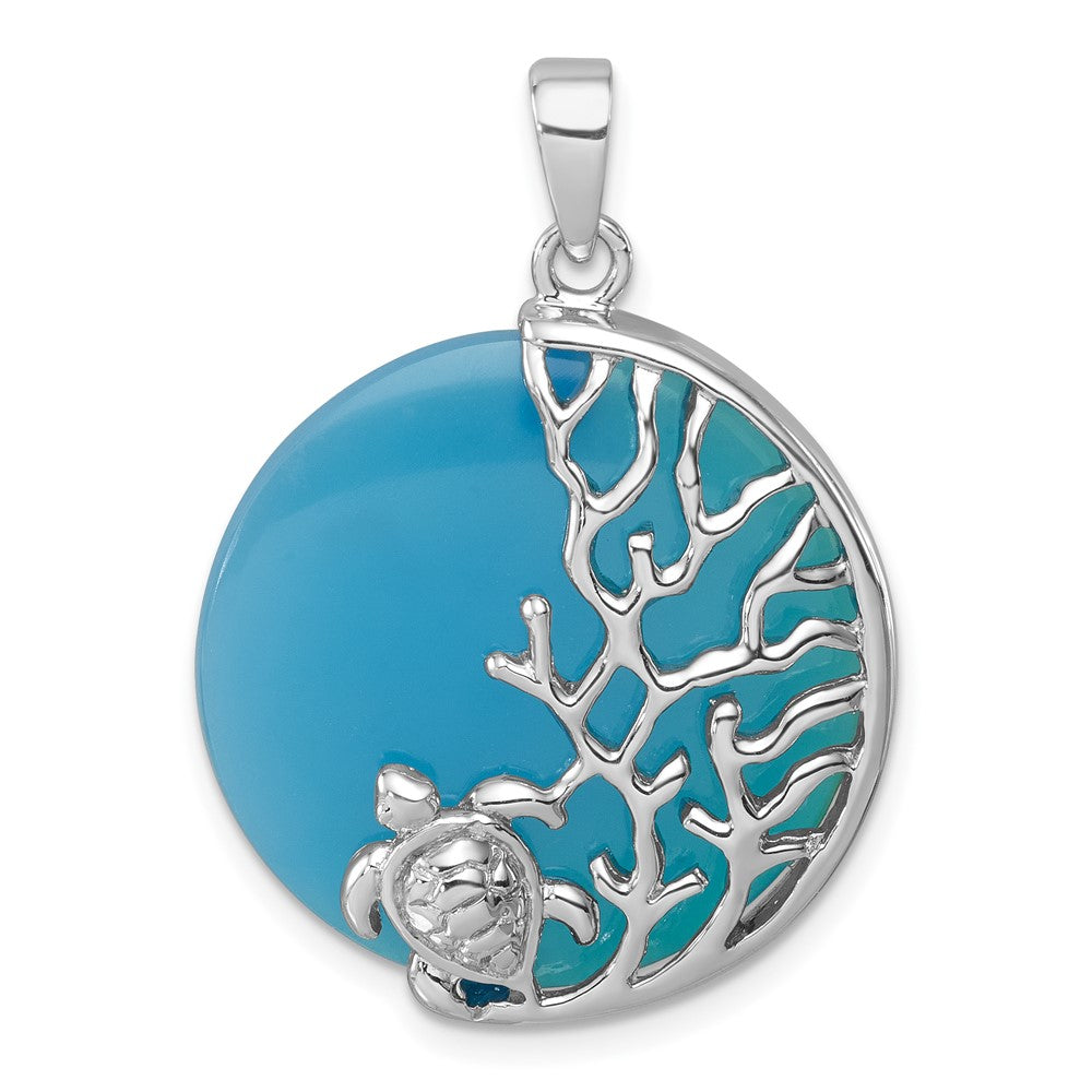 Sterling Silver Rhodium-Plated Polished Blue Agate Turtle and Reef Round Pendant PLP-316