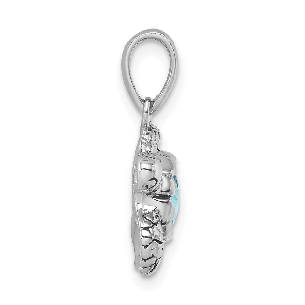 Sterling Silver Rhodium-plated Polished and Antiqued Blue Crystal Turtle Pendant PLP-344