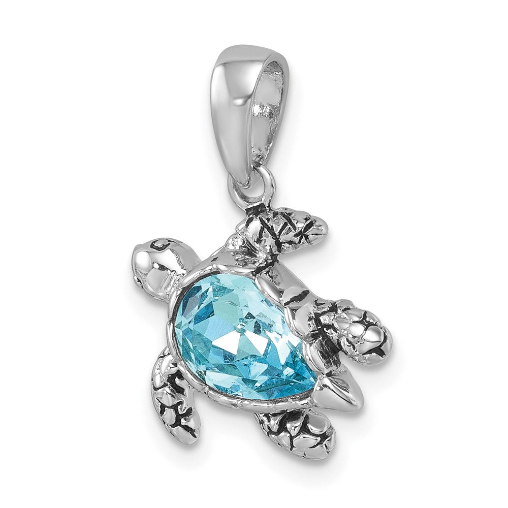 Sterling Silver Rhodium-plated Polished and Antiqued Blue Crystal Turtle Pendant PLP-344