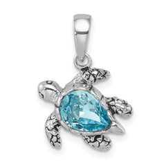 Sterling Silver Rhodium-plated Polished and Antiqued Blue Crystal Turtle Pendant PLP-344