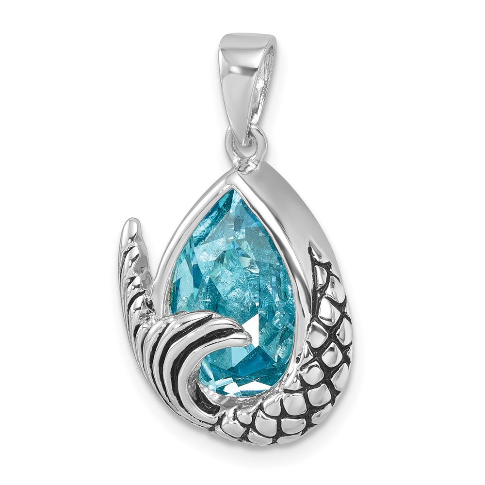 Sterling Silver Rhodium-Plated Polished & Antiqued Crystal Mermaid Tail Pendant PLP-345