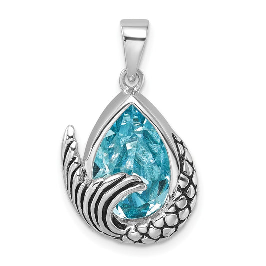 Sterling Silver Rhodium-Plated Polished & Antiqued Crystal Mermaid Tail Pendant PLP-345