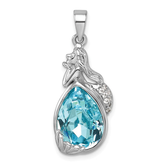 Sterling Silver Rhodium-Plated Polished Crystal Mermaid Pendant PLP-346