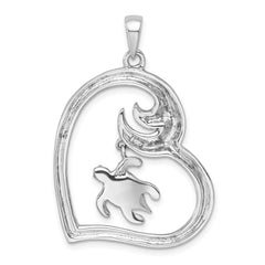 Sterling Silver Rhodium-plated Polished and Antiqued Blue Crystal Turtle Heart with Wave Pendant PLP-375
