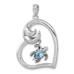 Sterling Silver Rhodium-plated Polished and Antiqued Blue Crystal Turtle Heart with Wave Pendant PLP-375