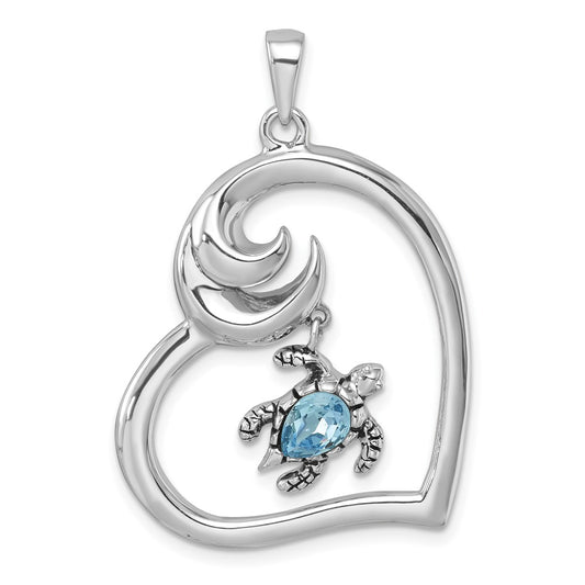 Sterling Silver Rhodium-plated Polished and Antiqued Blue Crystal Turtle Heart with Wave Pendant PLP-375