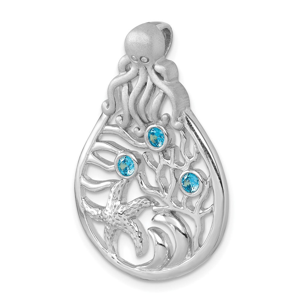 Sterling Silver Rhodium-plated Polished Octopus and Starfish Sea Life Scene Pendant PLP-428