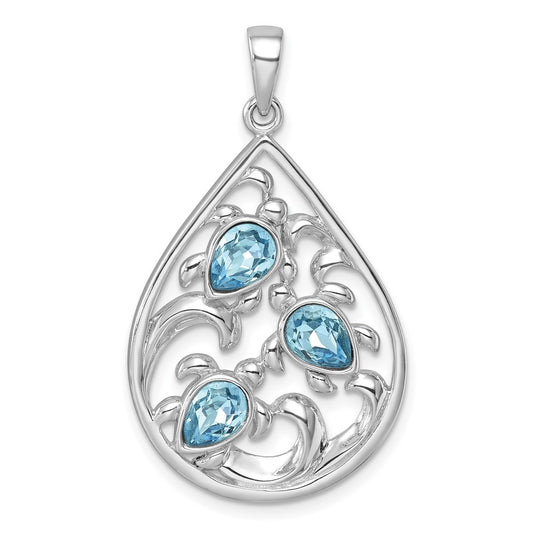 Sterling Silver Rhodium-plated Polished Triple Crystal Turtle Ocean Wave Pendant PLP-429