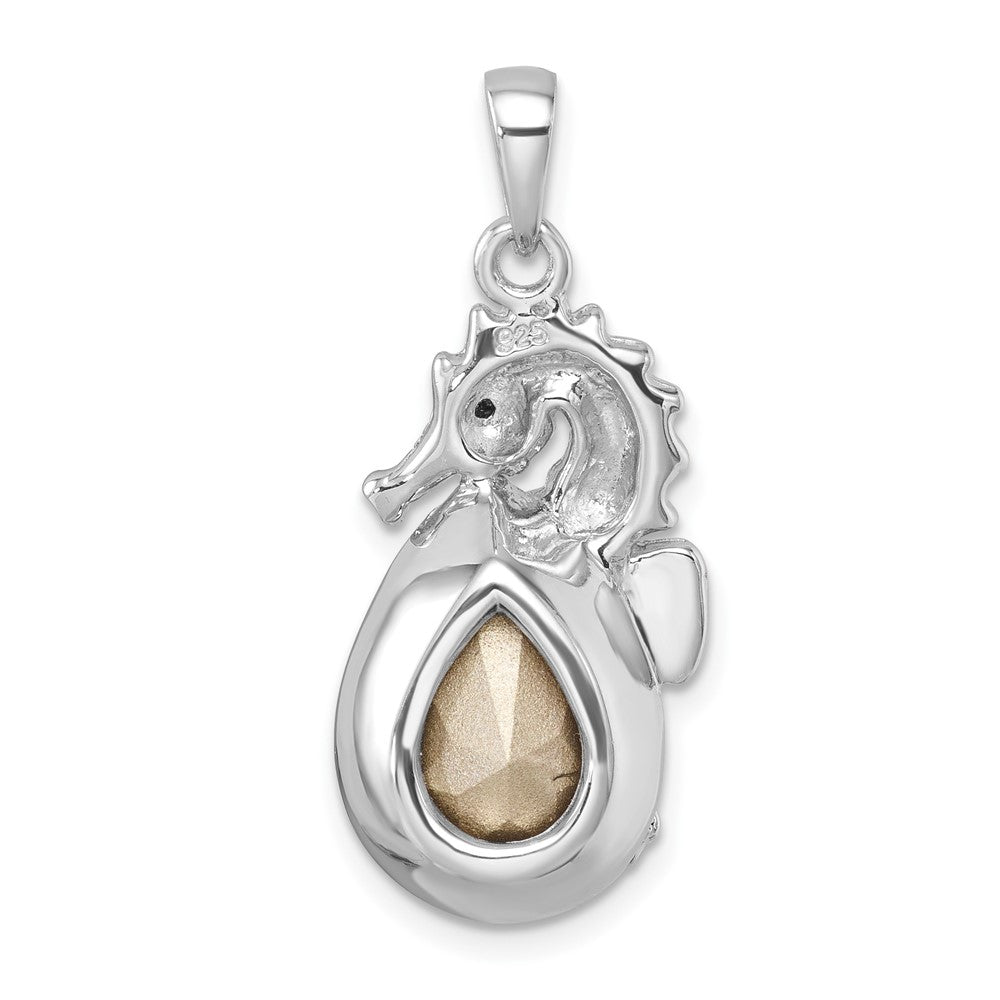 Sterling Silver Rhodium-plated Polished Crystal Background Seahorse Pendant PLP-466