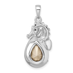 Sterling Silver Rhodium-plated Polished Crystal Background Seahorse Pendant PLP-466