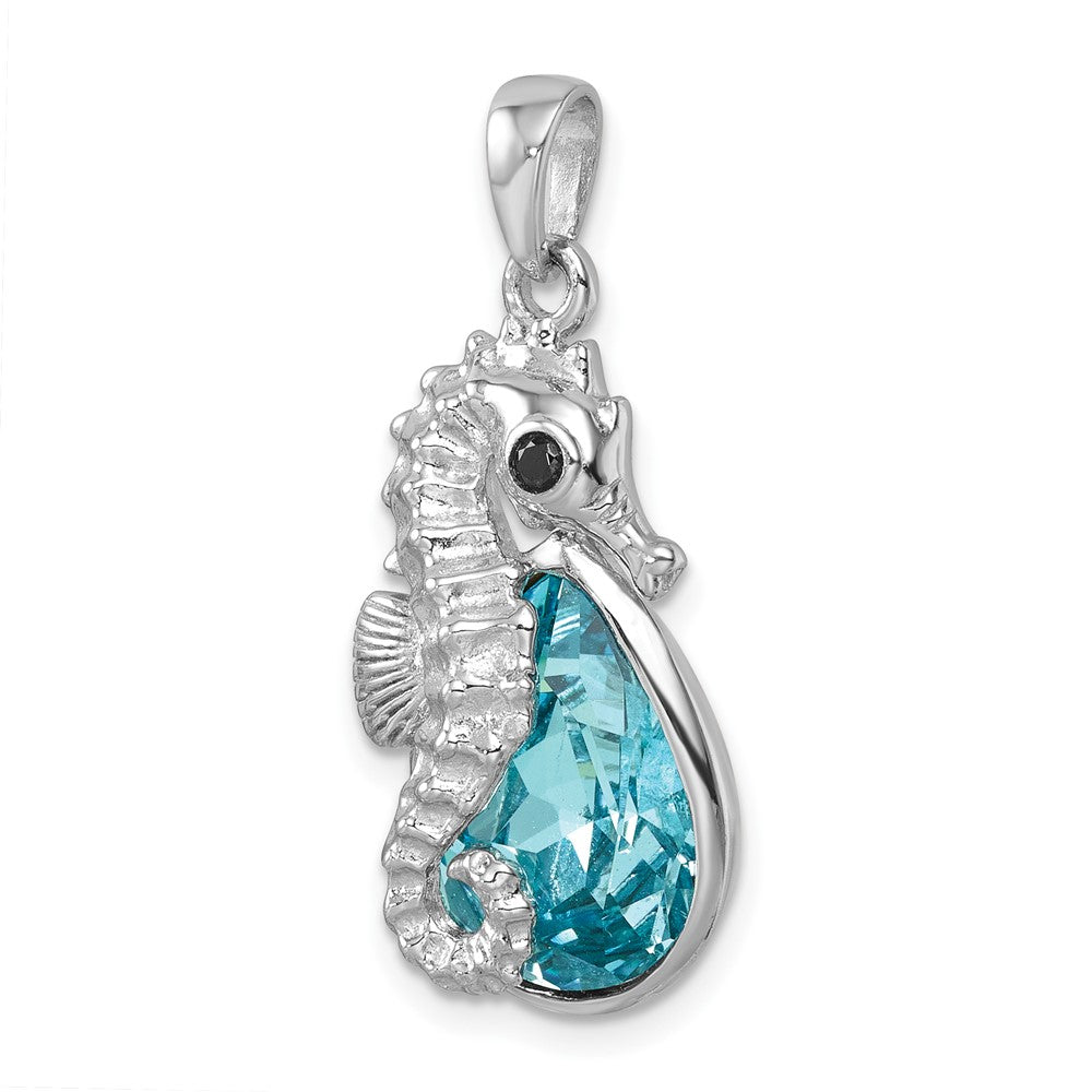Sterling Silver Rhodium-plated Polished Crystal Background Seahorse Pendant PLP-466