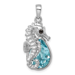 Sterling Silver Rhodium-plated Polished Crystal Background Seahorse Pendant PLP-466