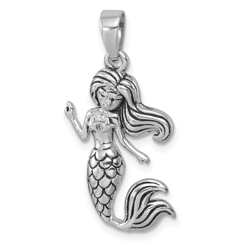Sterling Silver Rhodium-Plated Antiqued Mermaid Pendant PLP-473