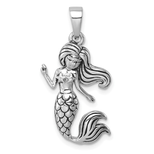 Sterling Silver Rhodium-Plated Antiqued Mermaid Pendant PLP-473