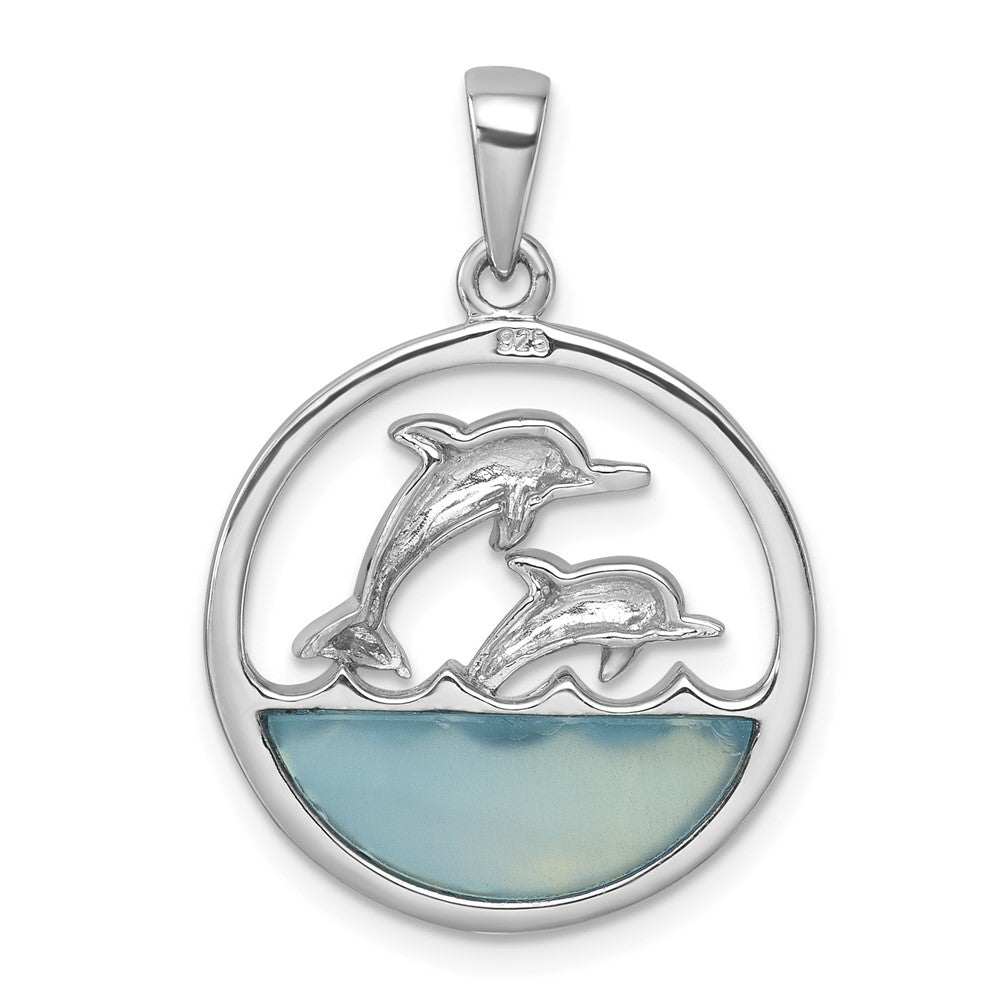 Sterling Silver Rhodium-plated Polished Round Blue Agate Double Dolphin Pendant PLP-480