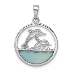 Sterling Silver Rhodium-plated Polished Round Blue Agate Double Dolphin Pendant PLP-480