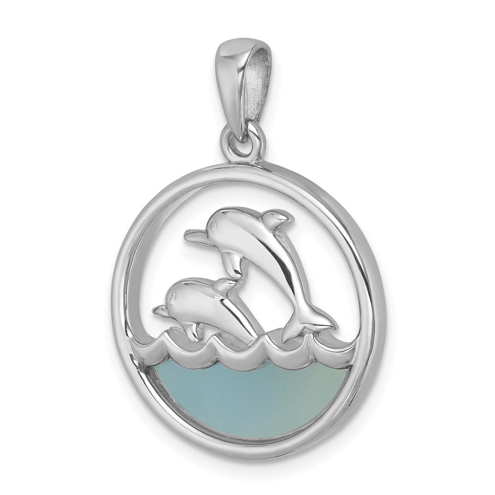 Sterling Silver Rhodium-plated Polished Round Blue Agate Double Dolphin Pendant PLP-480