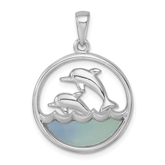 Sterling Silver Rhodium-plated Polished Round Blue Agate Double Dolphin Pendant PLP-480