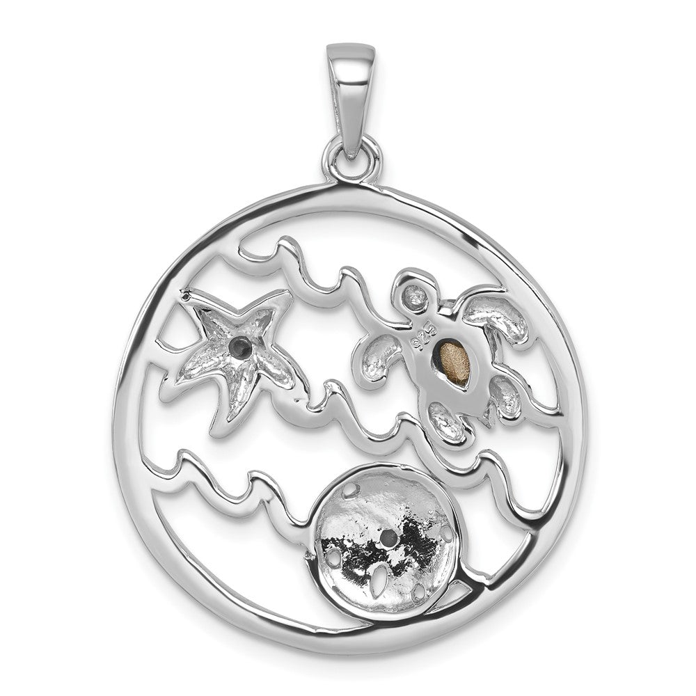 Sterling Silver Rhodium-plated Polished and Antiqued Round Crystal Sealife Pendant PLP-516