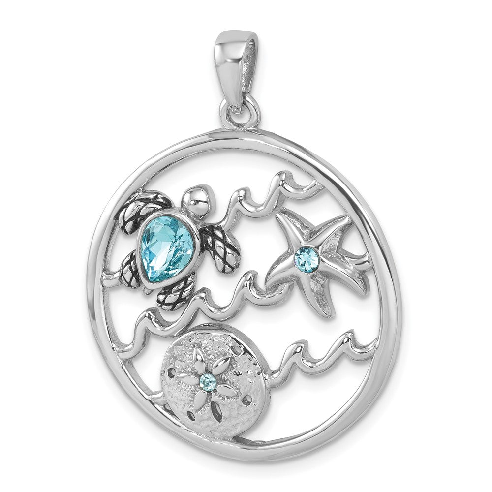 Sterling Silver Rhodium-plated Polished and Antiqued Round Crystal Sealife Pendant PLP-516