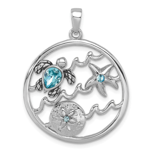 Sterling Silver Rhodium-plated Polished and Antiqued Round Crystal Sealife Pendant PLP-516