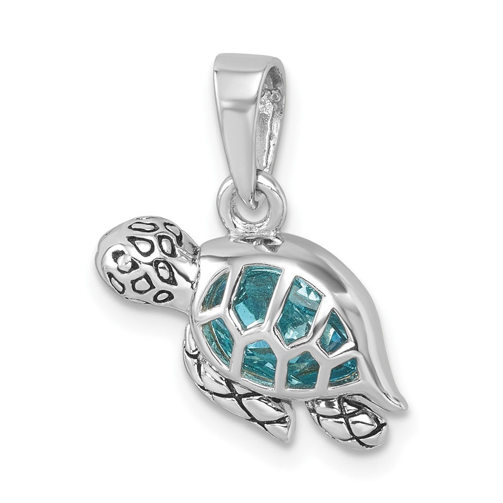 Sterling Silver Rhodium-Plated Polished and Antiqued Crystal Swimming Turtle Pendant PLP-517
