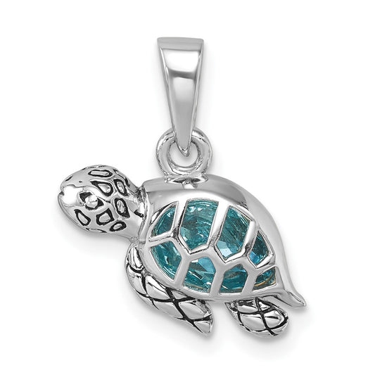 Sterling Silver Rhodium-Plated Polished and Antiqued Crystal Swimming Turtle Pendant PLP-517