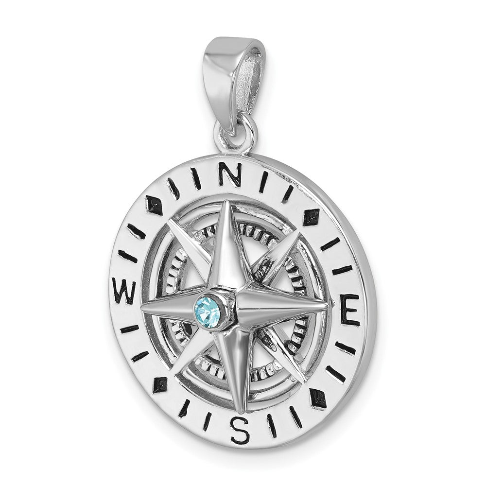 Sterling Silver Rhodium-Plated Polished Moveable Crystal Compass Pendant PLP-518