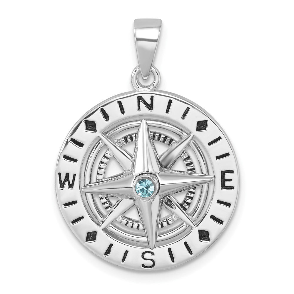 Sterling Silver Rhodium-Plated Polished Moveable Crystal Compass Pendant PLP-518