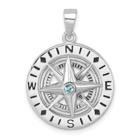 Sterling Silver Rhodium-Plated Polished Moveable Crystal Compass Pendant PLP-518