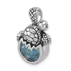 Sterling Silver Rhodium-Plated Antiqued Crystal Hatching Turtle Pendant PLP-527