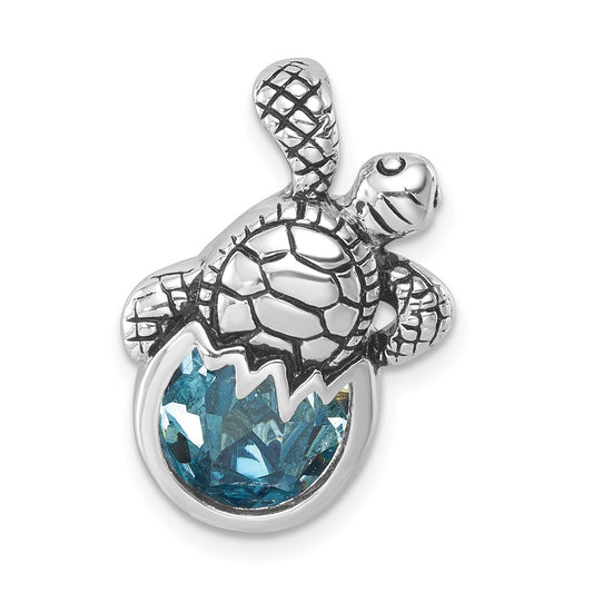 Sterling Silver Rhodium-Plated Antiqued Crystal Hatching Turtle Pendant PLP-527