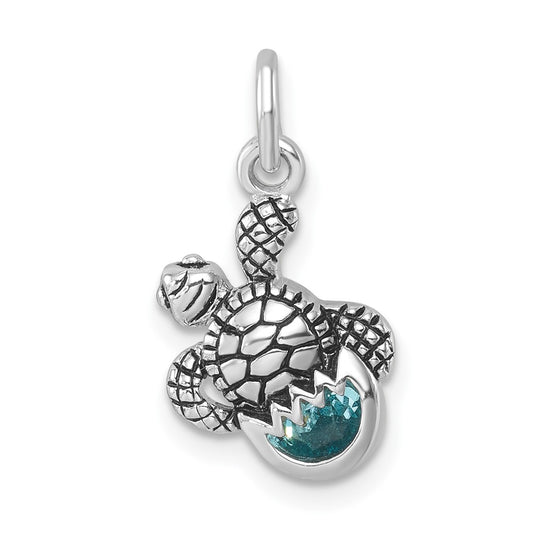 Sterling Silver Rhodium-Plated Antiqued Crystal Hatching Turtle Pendant PLP-553