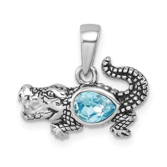 Sterling Silver Rhodium-plated Antiqued Crystal Inlay Alligator Pendant PLP-564