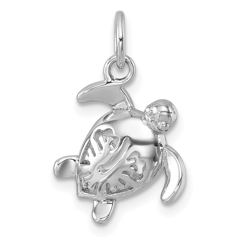 Sterling Silver Rhodium-Plated Tiny Turtle with Flower Back Pendant PLP-611