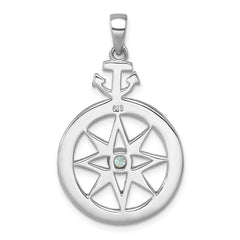 Sterling Silver Rhodium-plated Blue CZ Compass Rose with Small Anchor Pendant PLP-671
