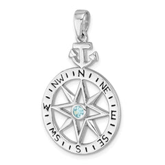 Sterling Silver Rhodium-plated Blue CZ Compass Rose with Small Anchor Pendant PLP-671