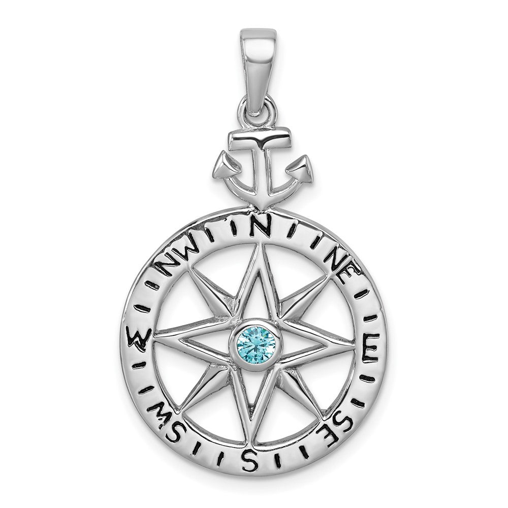 Sterling Silver Rhodium-plated Blue CZ Compass Rose with Small Anchor Pendant PLP-671