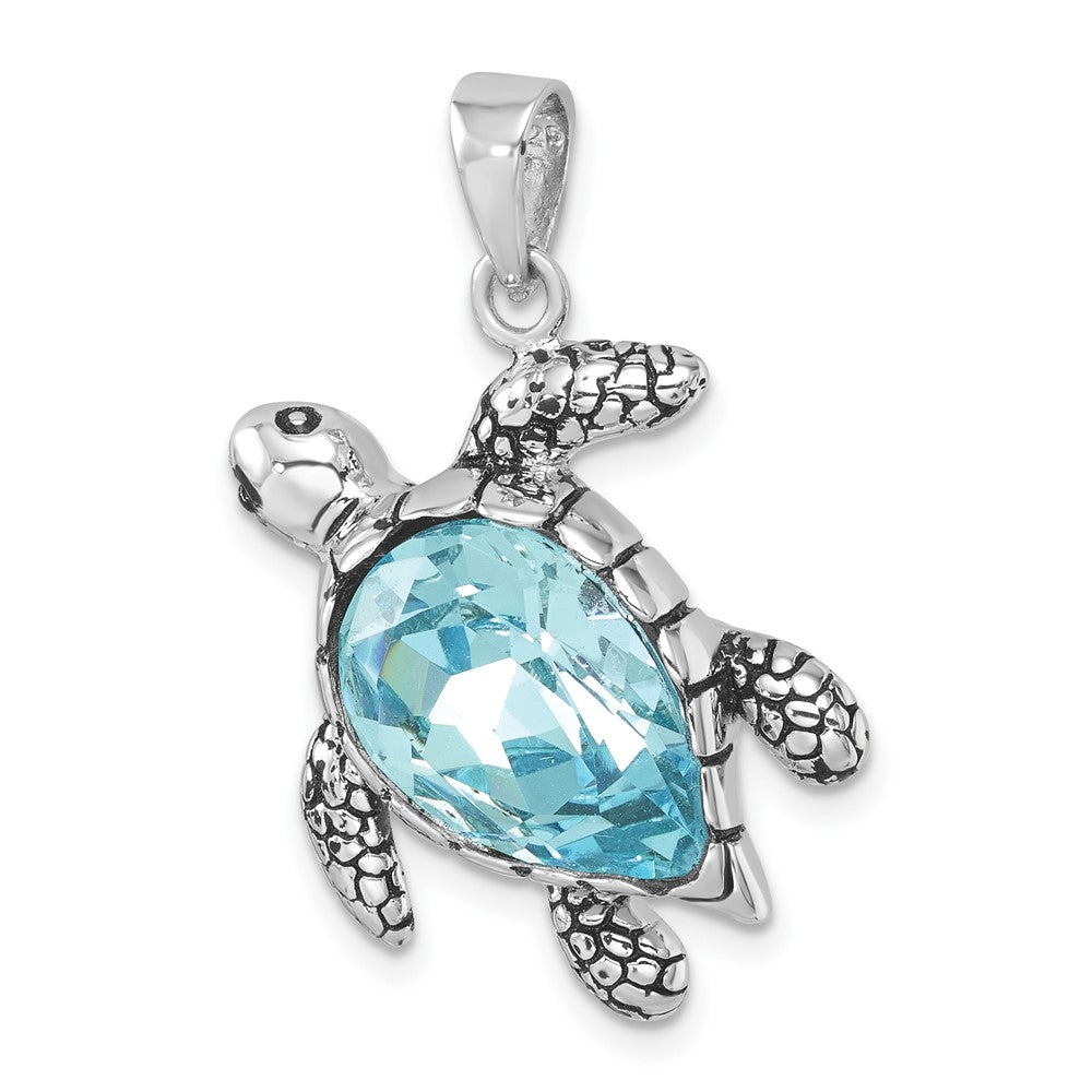 Sterling Silver Rhodium-plated Antiqued Blue Crystal Turtle Pendant PLP-686