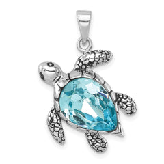 Sterling Silver Rhodium-plated Antiqued Blue Crystal Turtle Pendant PLP-686