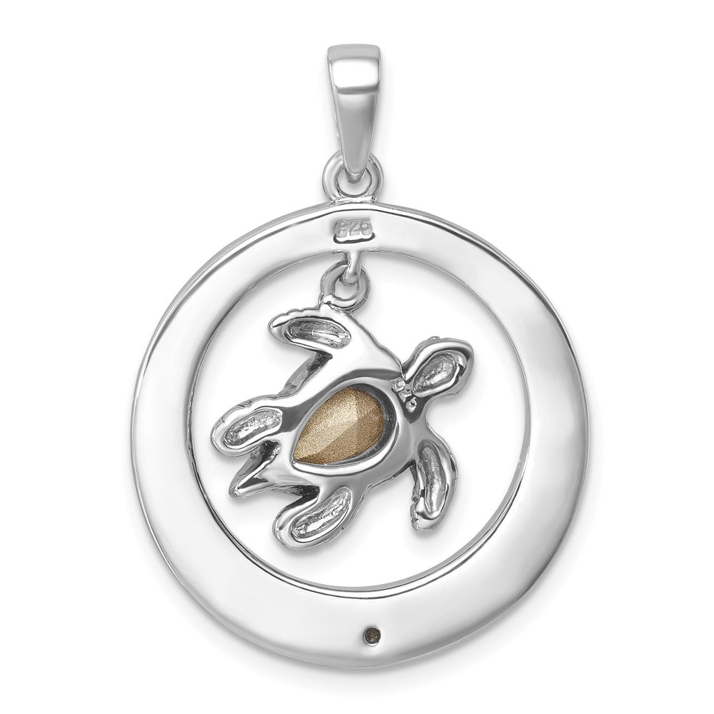 Sterling Silver Rhodium-plated Antiqued Round Moveable Crystal Turtle Pendant PLP-727