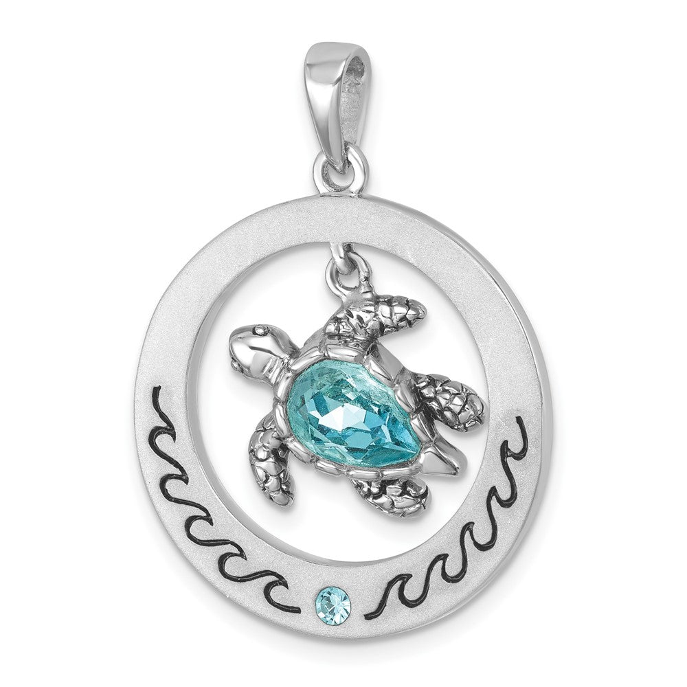 Sterling Silver Rhodium-plated Antiqued Round Moveable Crystal Turtle Pendant PLP-727